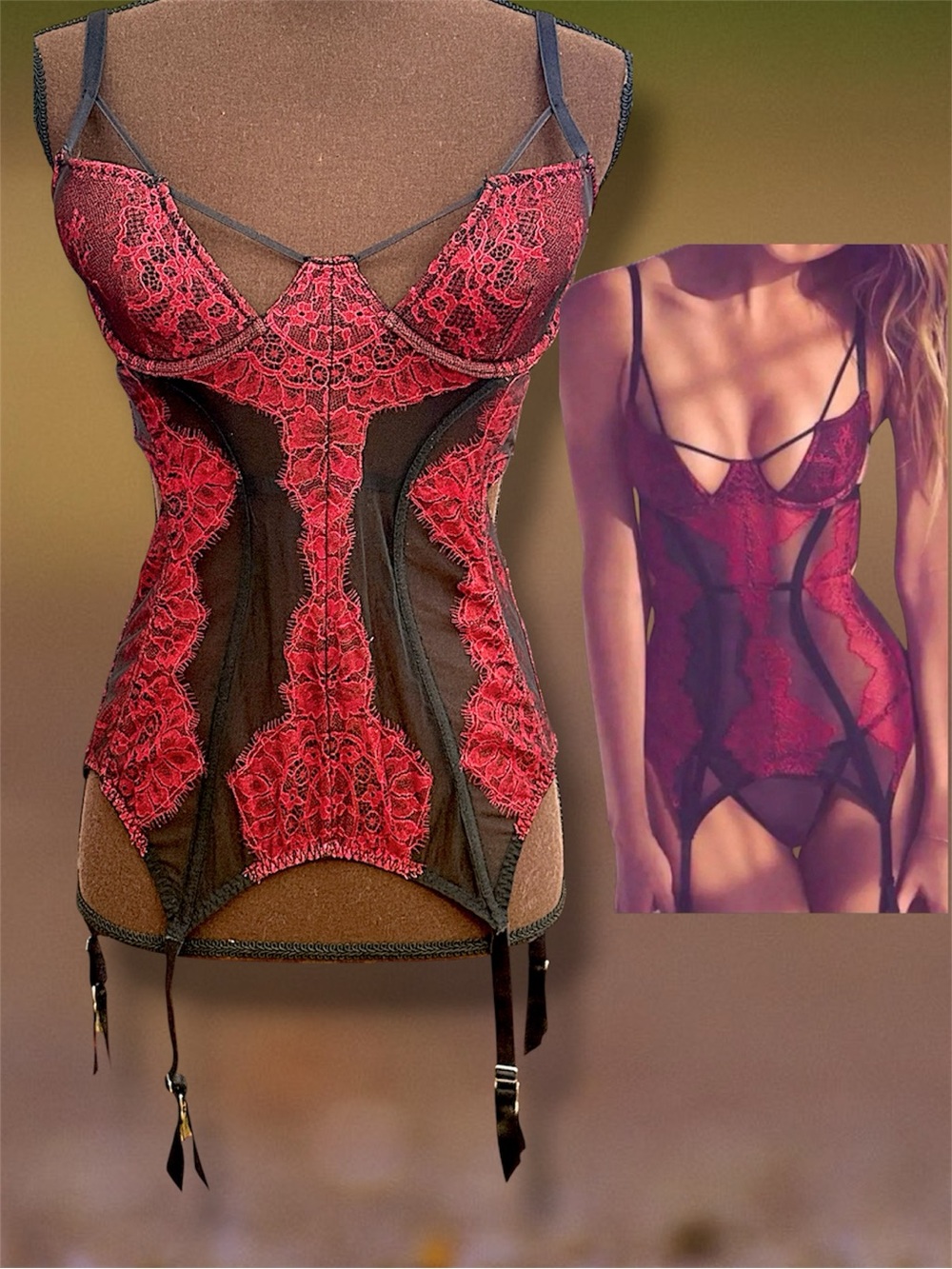 Burgundy Lace Bustier Corset w/Sheer panels, Women, Intimates, Victoria Secret